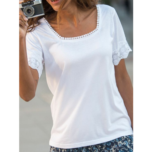 Lace Plain Casual Cotton Blends Short Sleeve T-Shirt