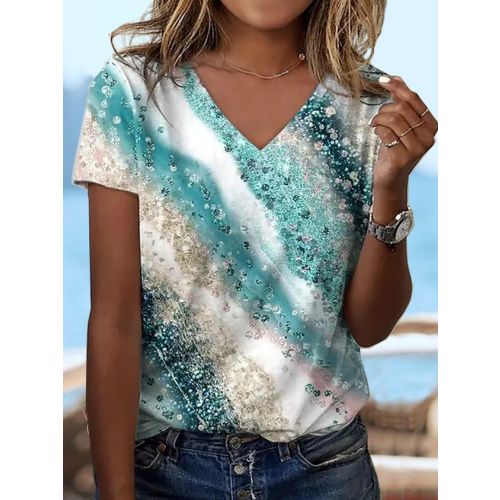 Women's Abstract V Neck Regular Fit Casual T-Shirt