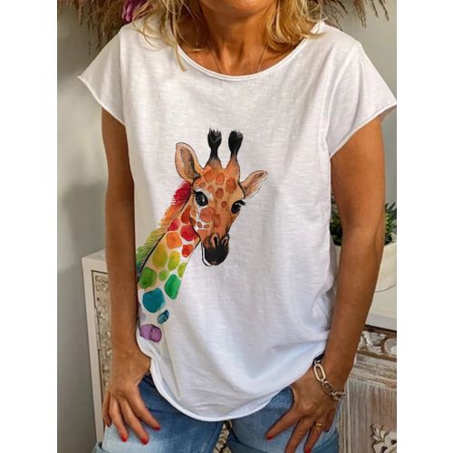 Women's White Short Sleeve Animal Crew Neck T-shirt