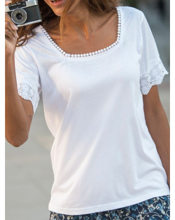 Lace Plain Casual Cotton Blends Short Sleeve T-Shirt