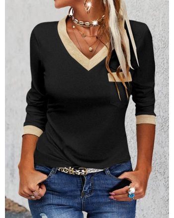 Casual Color Block Autumn Spandex Regular Fit Long sleeve Regular H-Line Regular T-shirt for Women