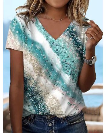 Women's Abstract V Neck Regular Fit Casual T-Shirt