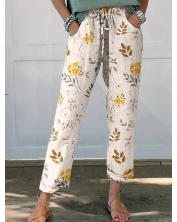 Loose Pocket Stitching Floral Casual Pants