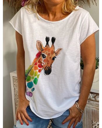 Women's White Short Sleeve Animal Crew Neck T-shirt